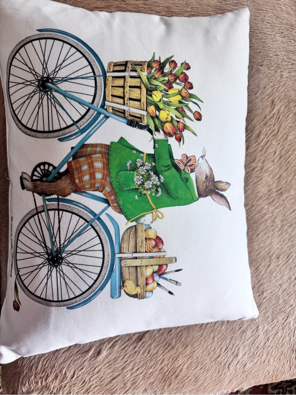 Mary Lake Thompson Spring Bunny Bicycle Accent Pillow White with Green and Blue